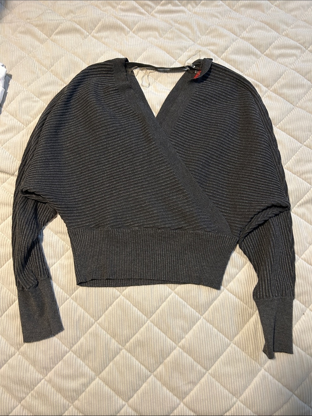 BKE Charcoal Ribbed Wrap V-Neck Sweater